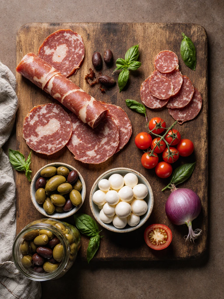 Antipasto pasta salad ingredients on a wooden board with salami, pepperoni, mozzarella, olives, artichokes, pepperoncini, and fresh basil