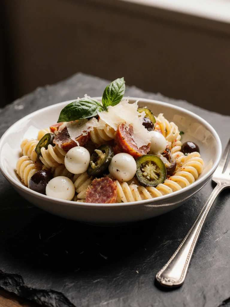 Close-up of antipasto pasta salad in a shallow bowl with mozzarella pearls, salami, olives, and fresh basil on a slate surface