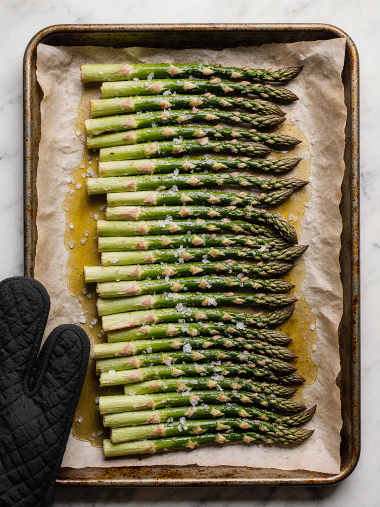 Asparagus spears trimmed and tossed in olive oil on a sheet pan, arranged in a single layer ready for the oven
