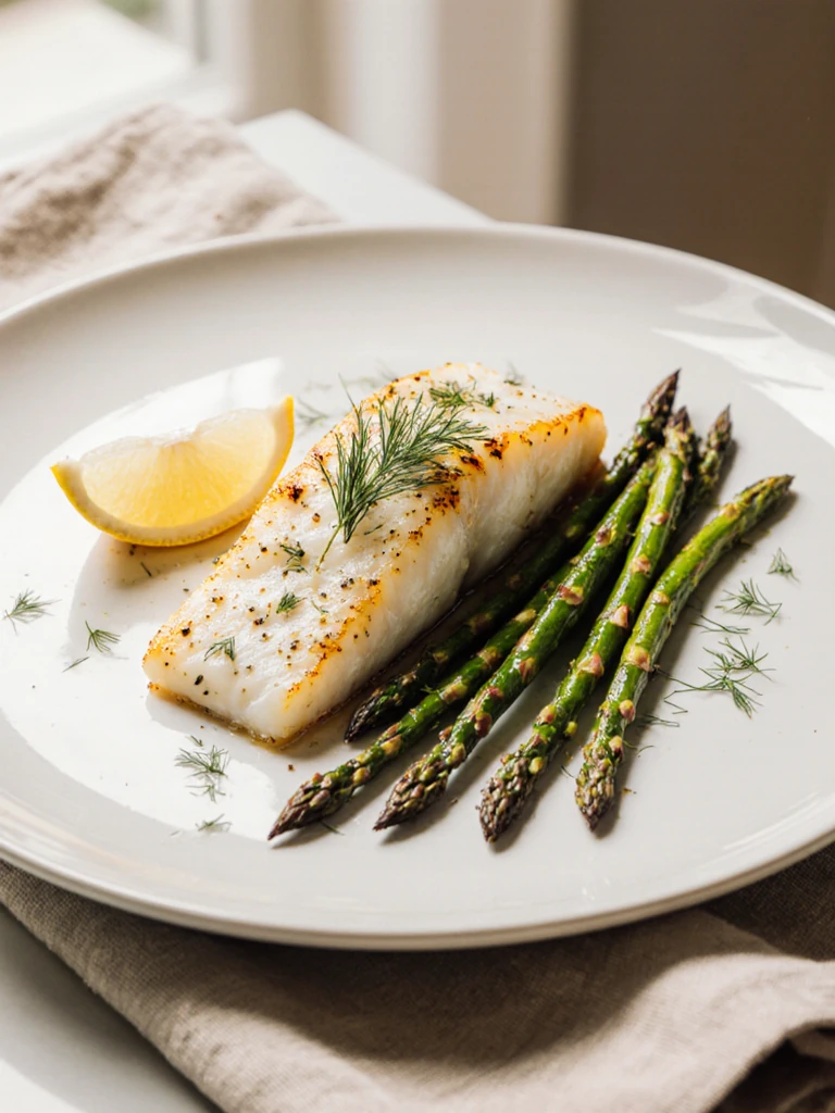 Plated baked cod fillet with roasted asparagus on a white ceramic plate, lemon wedge and fresh dill garnish alongside