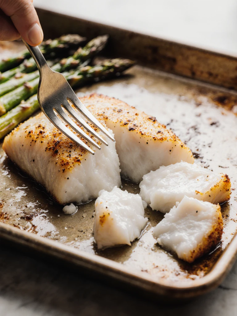Fork testing a baked cod fillet for flakiness, the white flesh separating into large moist flakes in the oven pan
