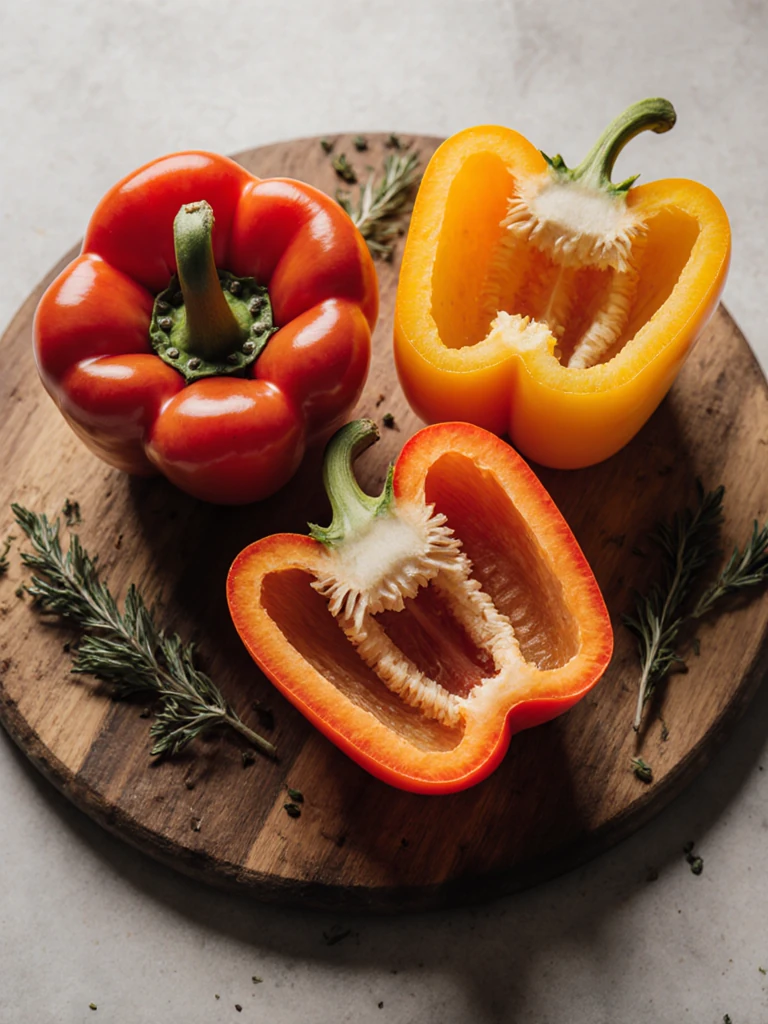 Halved raw bell peppers with seeds removed arranged on a wooden cutting board, ready to be stuffed