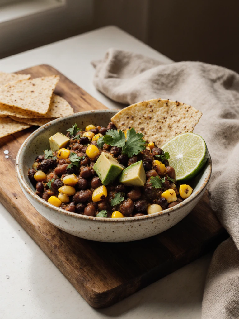 Spicy black bean and corn salad served in a bowl with tortilla chips alongside and a lime wedge, viewed from the side