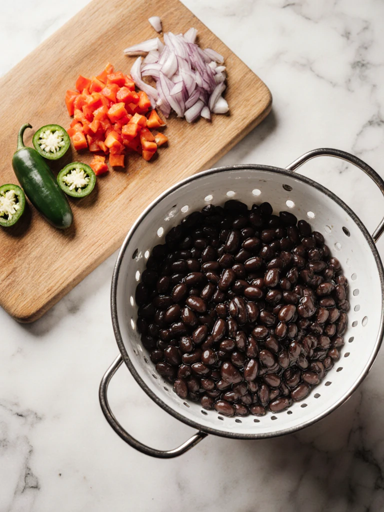 Black beans drained and rinsed in a colander, glossy and plump, beside finely diced jalapeño and red onion on a cutting board