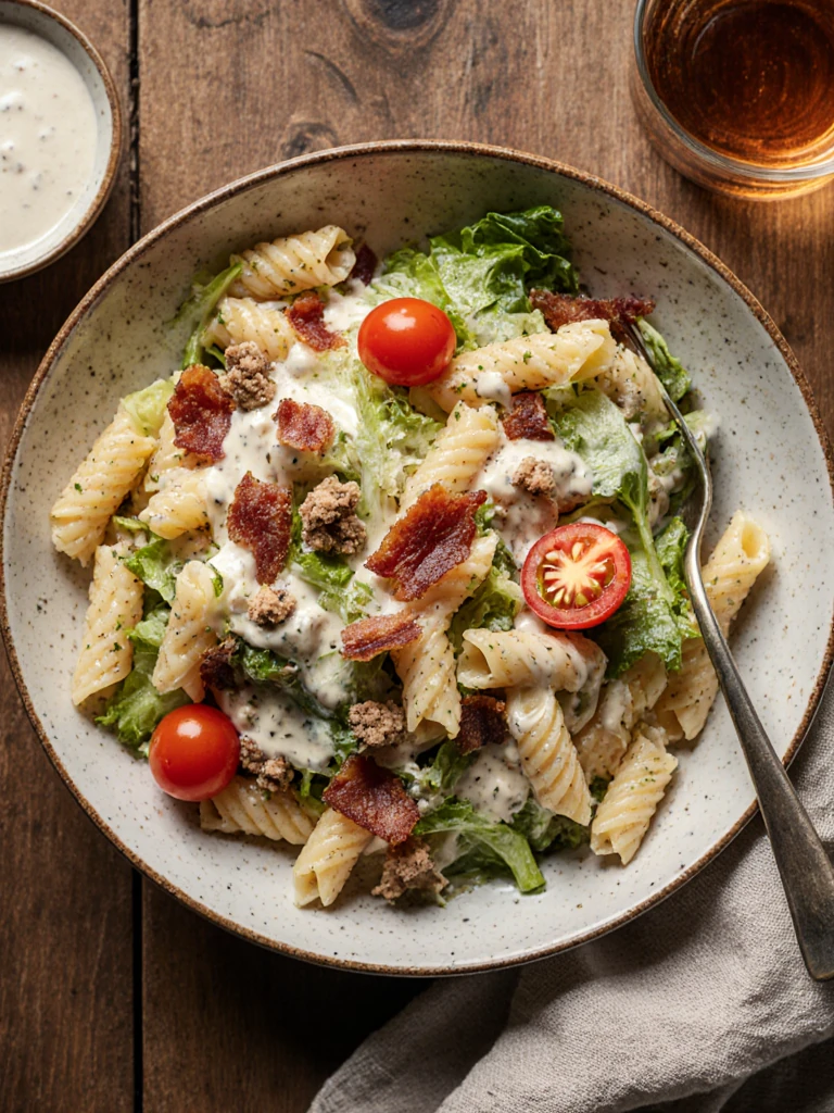 BLT pasta salad with rotini, crispy bacon pieces, cherry tomatoes, romaine lettuce, and creamy dressing in a bowl