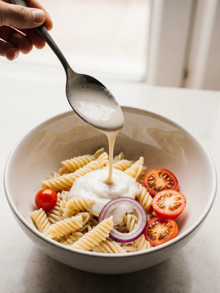 Creamy ranch dressing being spooned over rotini pasta in a large white mixing bowl with cherry tomatoes and red onion visible