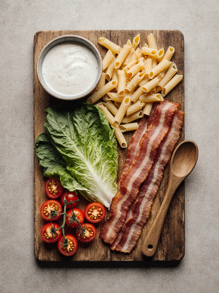 Overhead flat lay of BLT pasta salad ingredients including thick-cut bacon strips, cherry tomatoes, romaine leaves, and a bowl of ranch dressing on a wooden board
