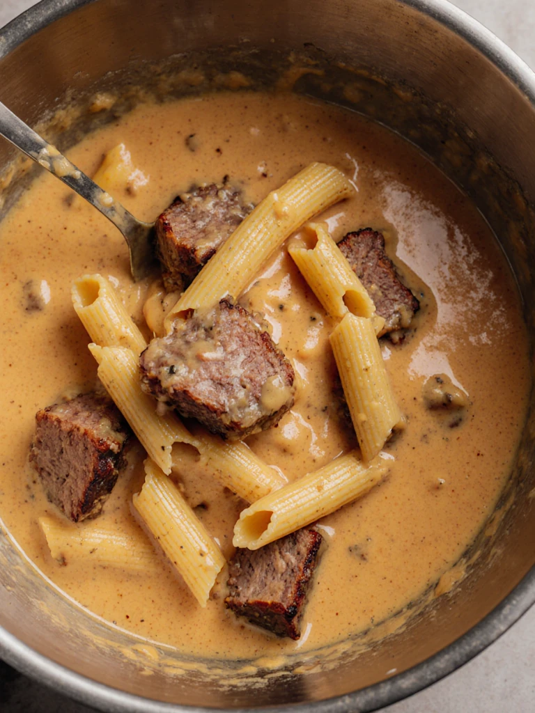 Smoked brisket chunks folded into creamy cheese sauce with cavatappi pasta, close-up overhead
