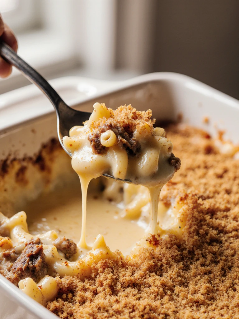 Serving spoon lifting a portion of brisket mac and cheese from the baking dish, cheese stretching