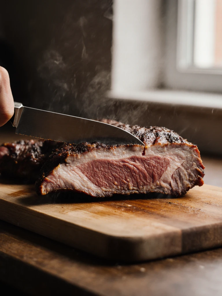 Brisket point separated from the flat on a cutting board showing the fat seam between the two muscles