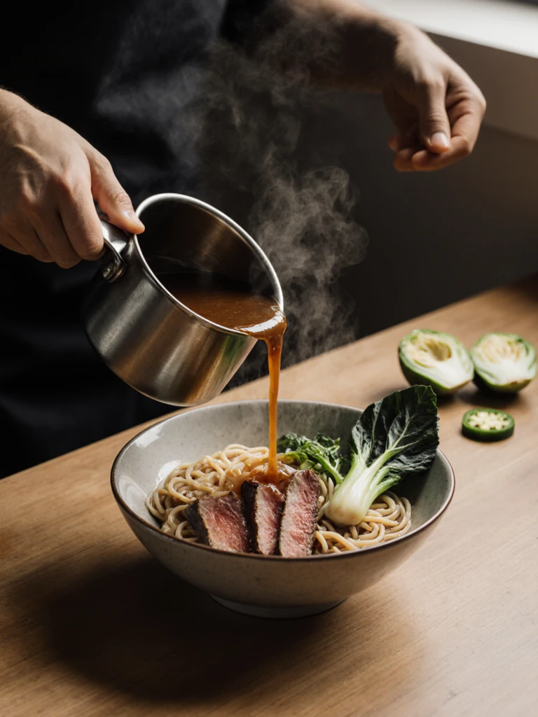 Hands ladling hot broth over ramen noodles and brisket slices in a deep bowl with bok choy and jalapeno on the counter