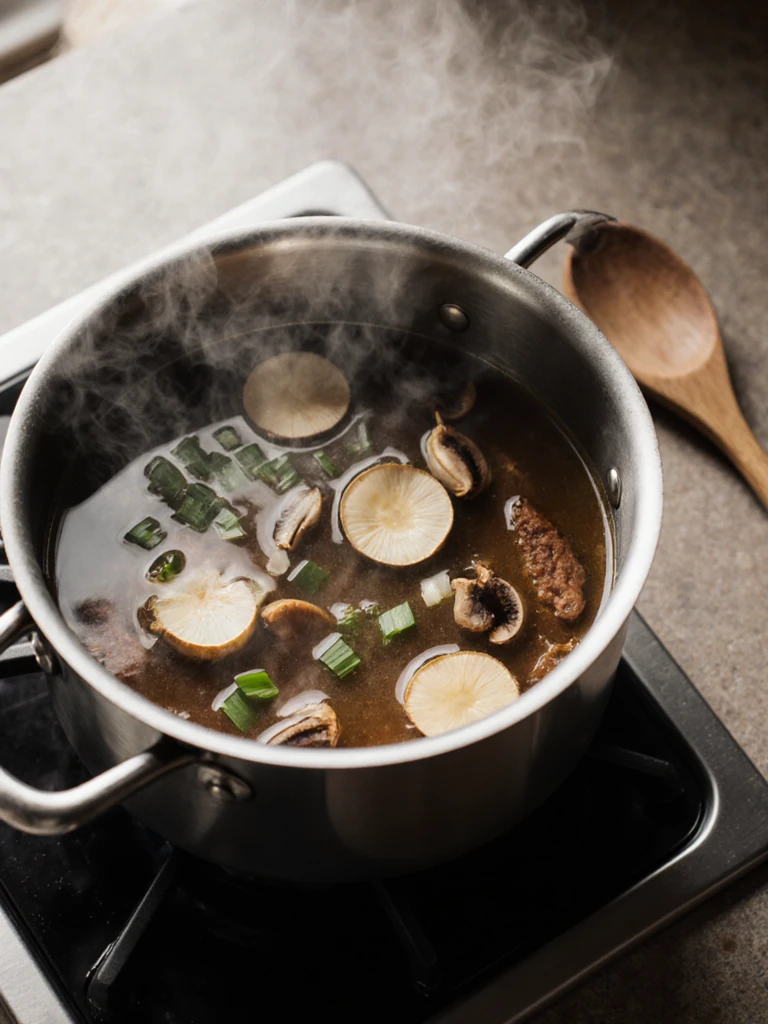 Beef broth simmering in a stockpot with ginger coins, smashed garlic, dried shiitake mushrooms, and scallion whites