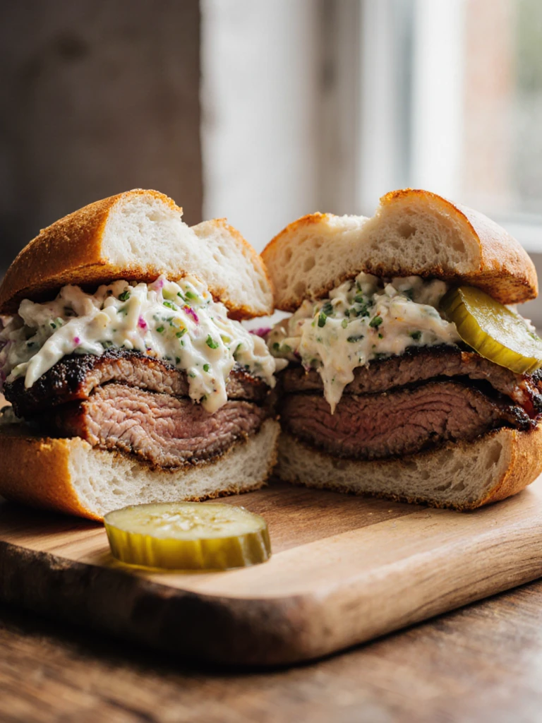 Cross-section view of smoked brisket sandwich cut in half showing layers of meat, slaw, and pickles