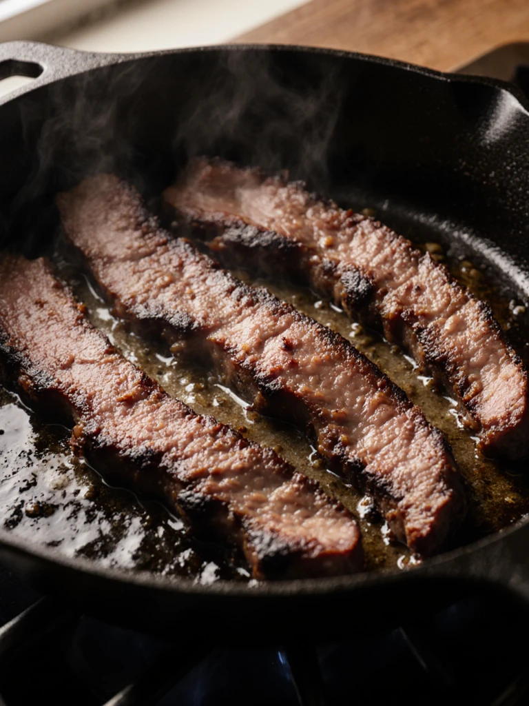 Smoked brisket slices warming in a cast iron skillet with caramelized edges forming, close-up angle