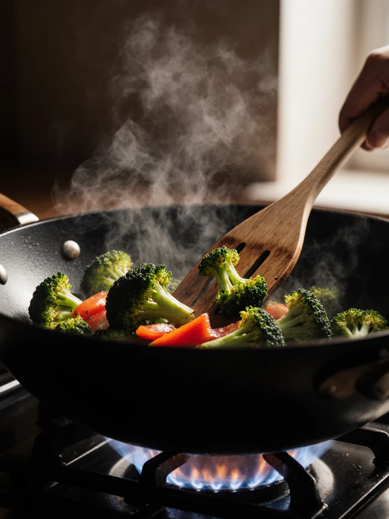 Broccoli and bell peppers stir-frying in a wok on high heat with visible char marks on the vegetable edges, steam rising