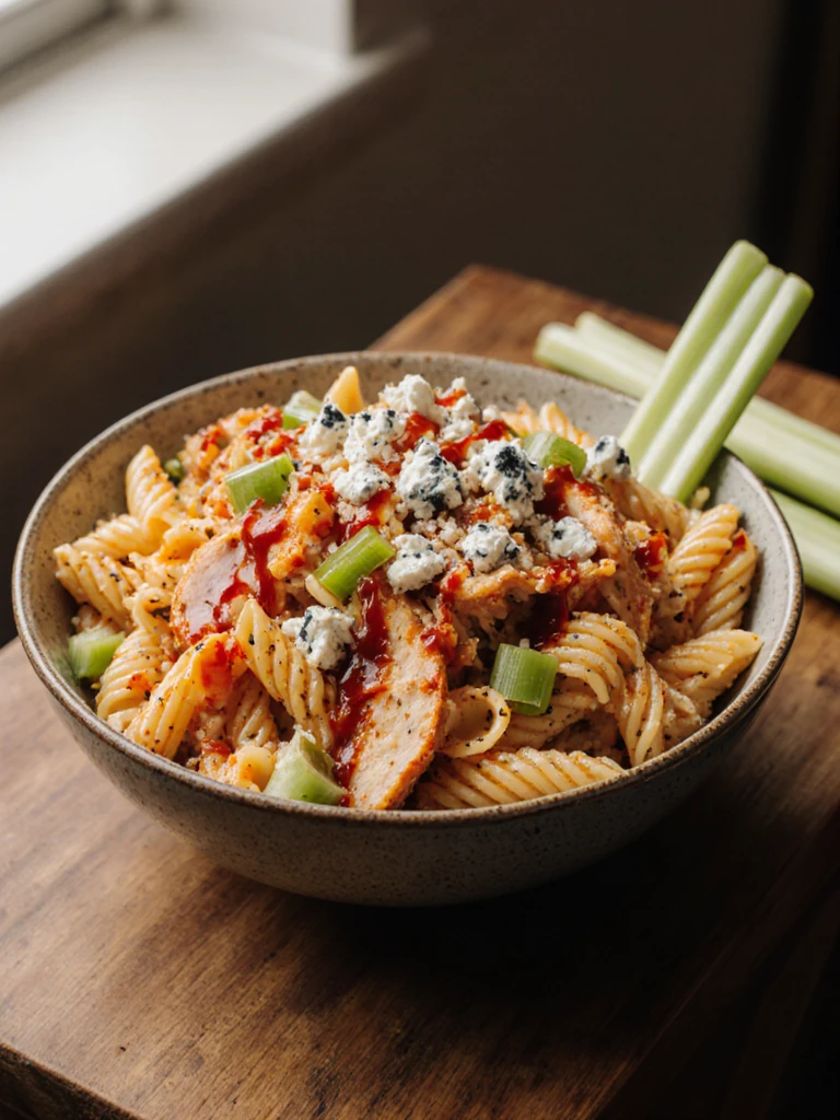Buffalo chicken pasta salad with rotini, shredded chicken, celery, blue cheese crumbles, and hot sauce drizzle