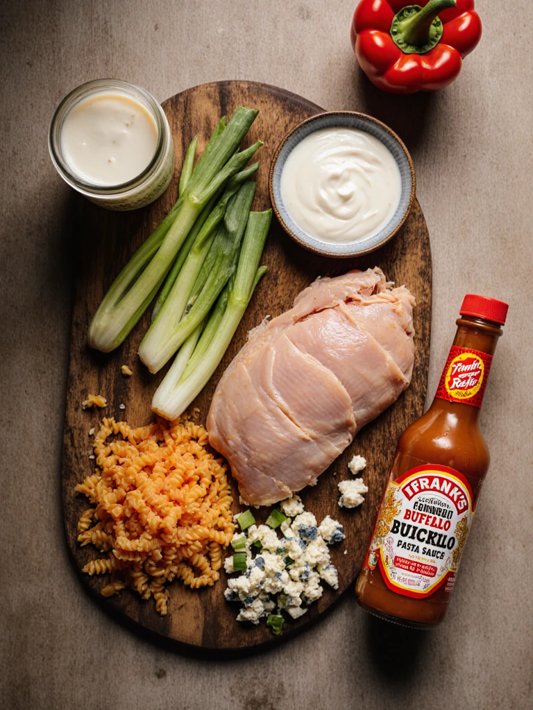 Buffalo chicken pasta salad ingredients on a wooden board with rotisserie chicken, hot sauce, celery, blue cheese, and green onions