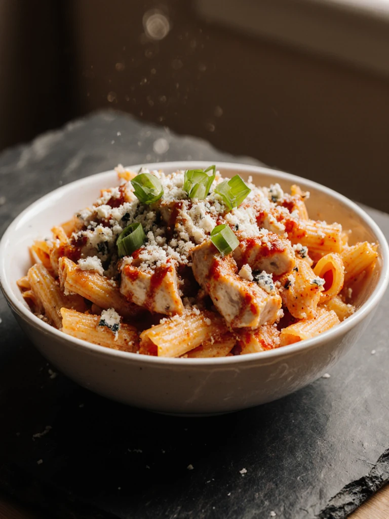 Close-up of buffalo chicken pasta salad in a shallow bowl topped with blue cheese crumbles, green onions, and a drizzle of hot sauce