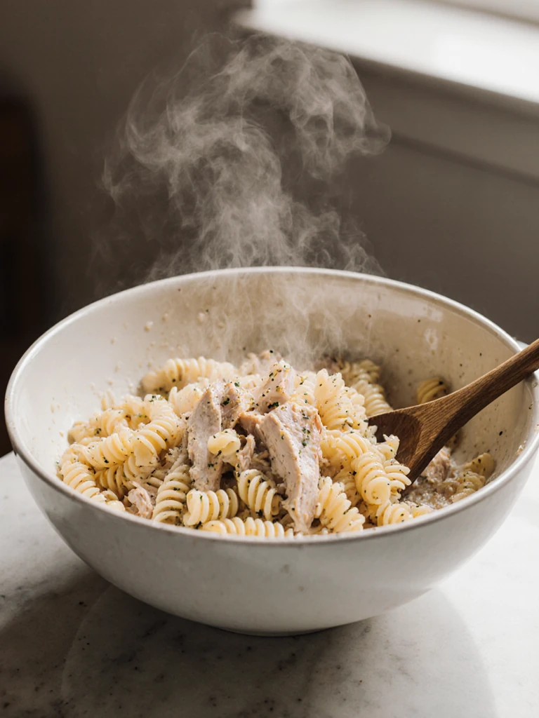 Warm rotini pasta being tossed with shredded chicken in a large ceramic mixing bowl with a wooden spoon