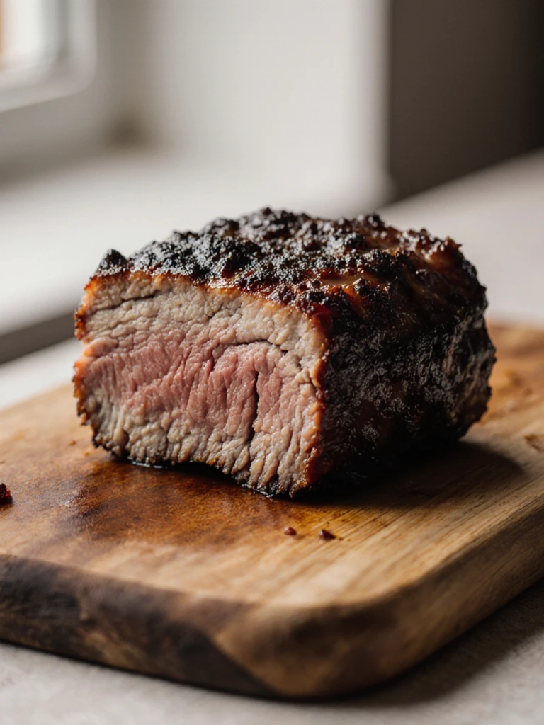 Single smoked burnt end cube split open showing a juicy, smoky interior with caramelized bark outside