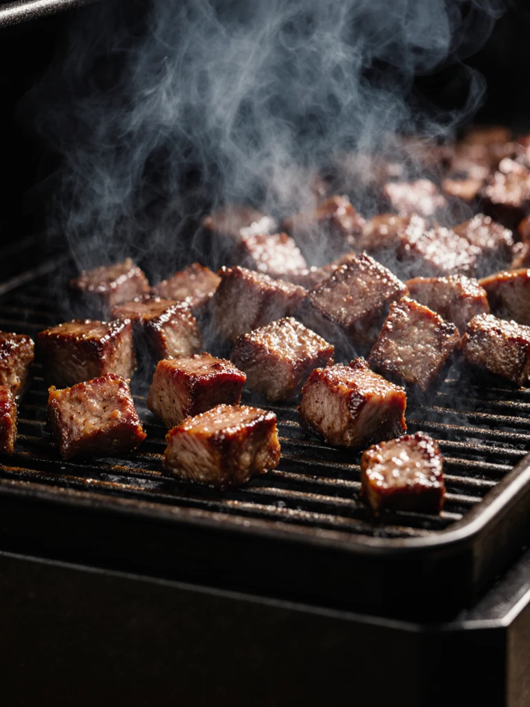 Burnt ends on the smoker grate with lacquered glaze caramelizing at high heat, close-up side view