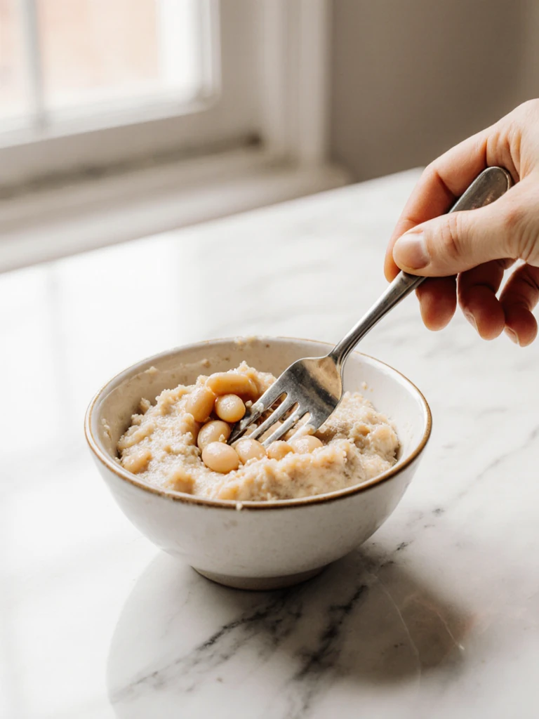 Hand mashing cannellini beans with a fork in a small bowl to create a thick paste for thickening soup