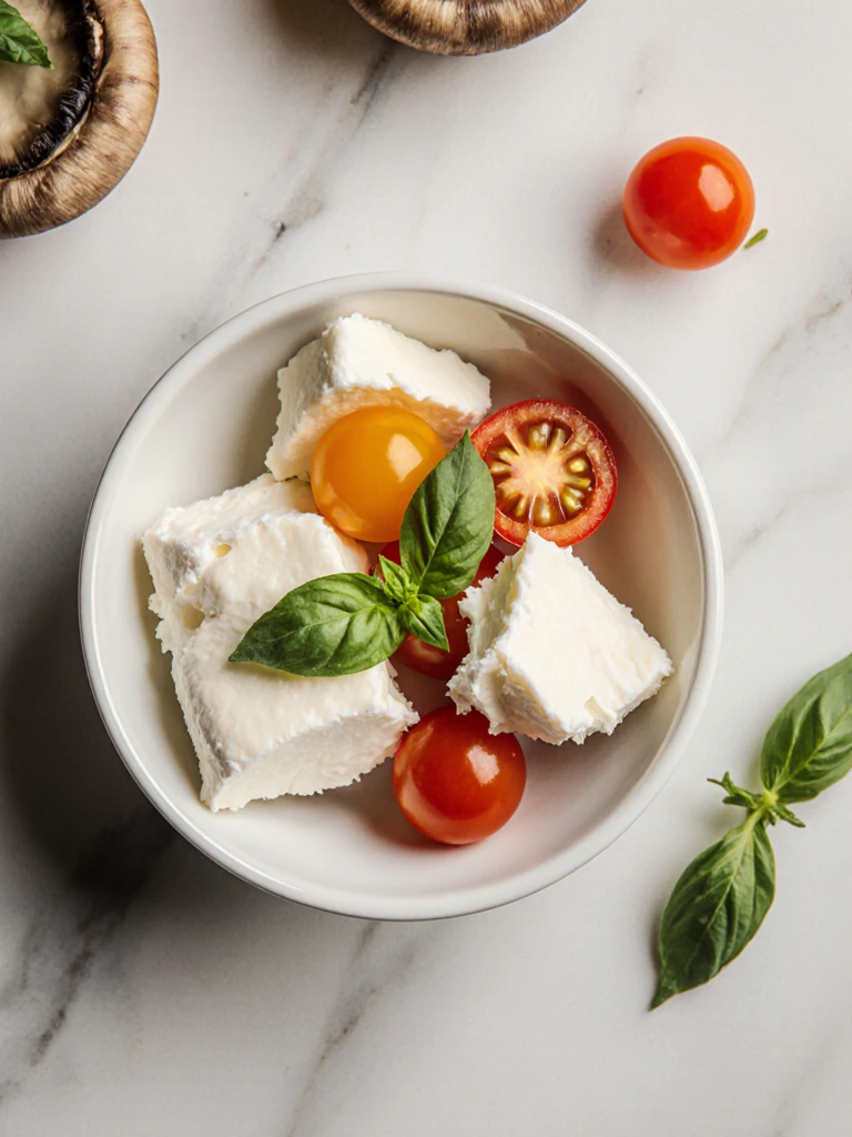 Fresh mozzarella slices, halved cherry tomatoes, and torn basil in a small bowl ready to fill the mushroom caps