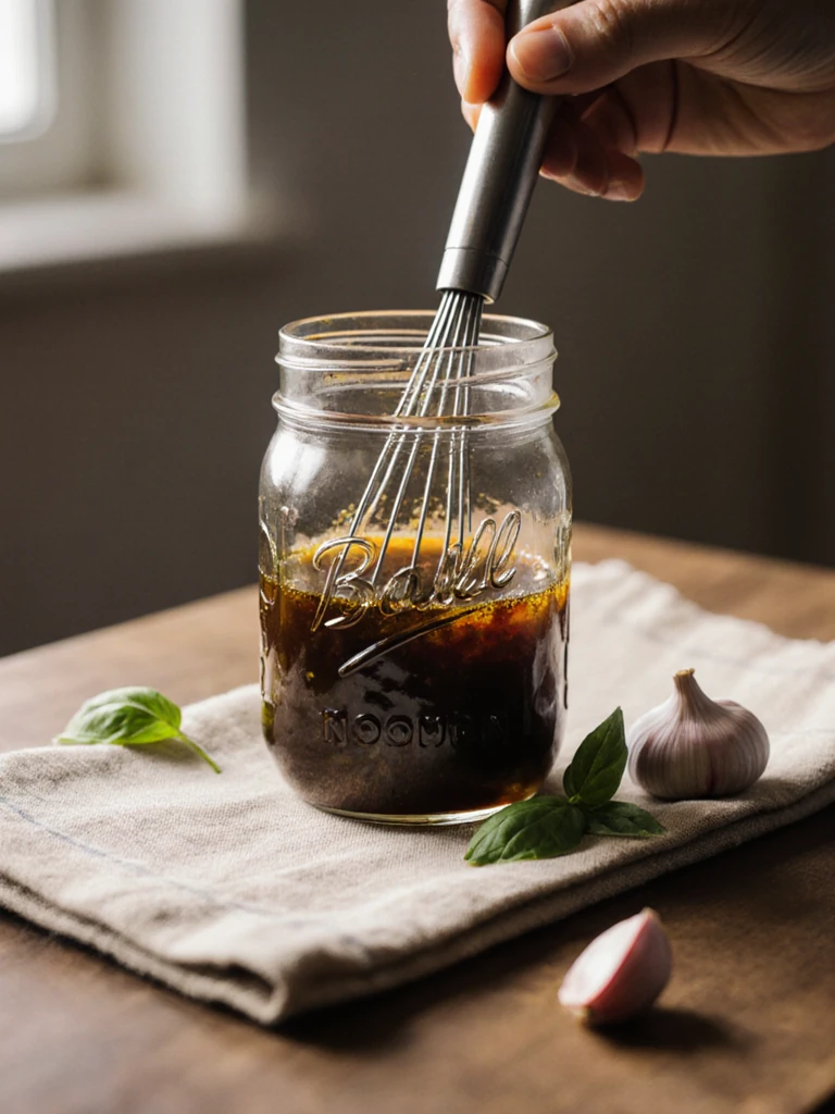 Balsamic vinaigrette being whisked in a small glass jar beside fresh basil leaves and olive oil on a linen cloth