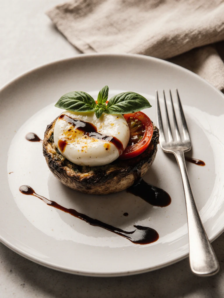 Single caprese stuffed portobello mushroom on a white plate with a balsamic glaze drizzle and fresh basil, fork alongside