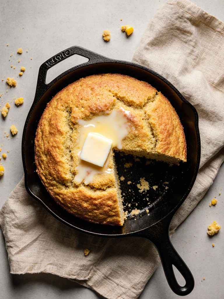 Skillet of golden cornbread sliced into wedges with a pat of butter melting on top, overhead