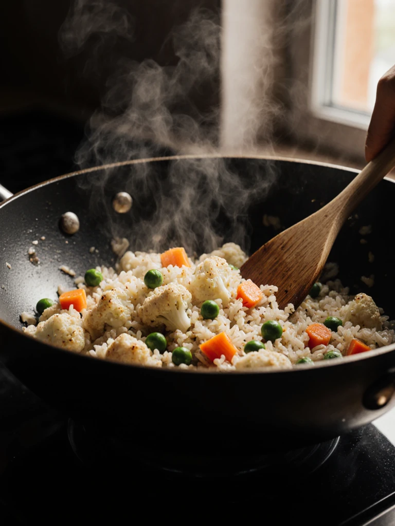 Cauliflower rice stir-frying in a wok with vegetables, steam rising as a wooden spatula tosses the mixture