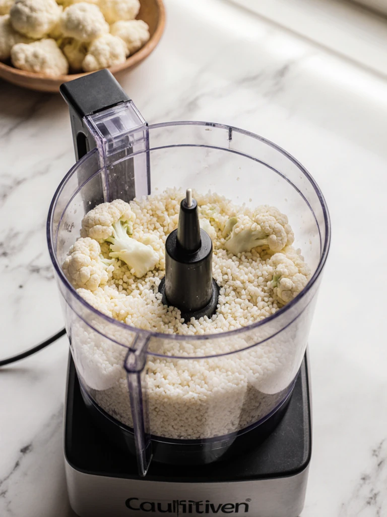 Fresh cauliflower florets in a food processor bowl being pulsed into rice-sized granules on a marble counter