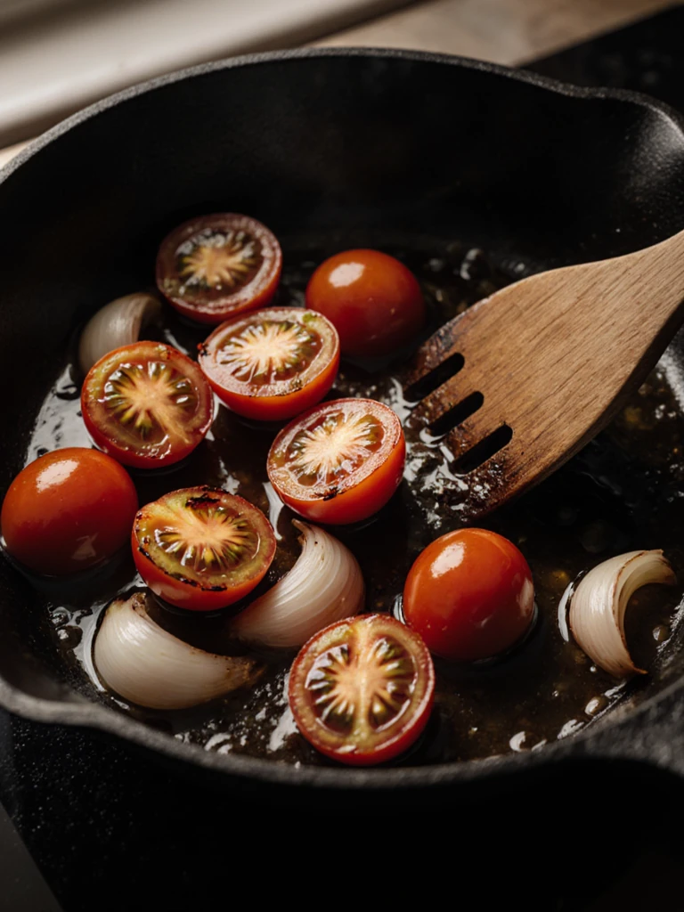Cherry tomatoes and shallot sautéing in an ovenproof skillet, tomatoes beginning to blister and release juice