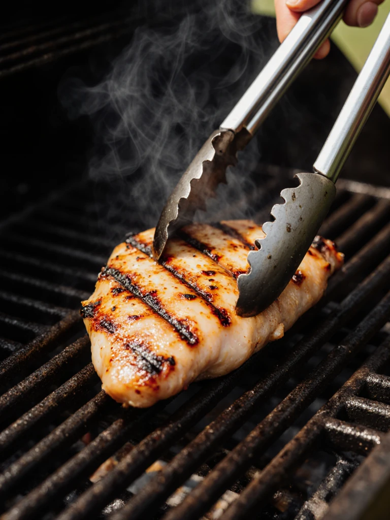 Chicken breast with golden grill marks cooking on a gas grill grate, tongs holding it mid-flip
