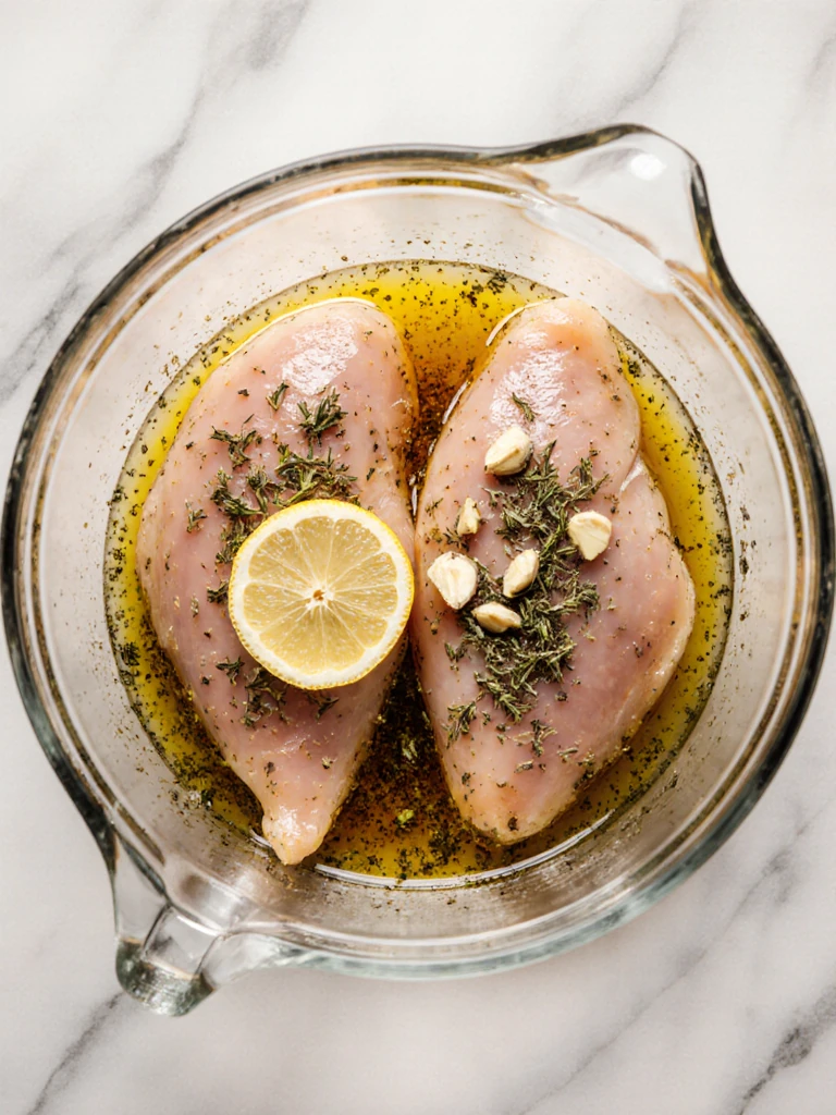 Chicken breasts in a glass bowl covered in olive oil, lemon, garlic, and oregano marinade, ready to refrigerate