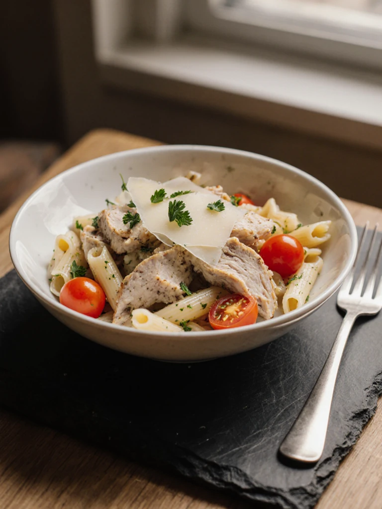 Close-up of chicken pasta salad served in a shallow bowl garnished with parsley and Parmesan on a slate surface with a fork