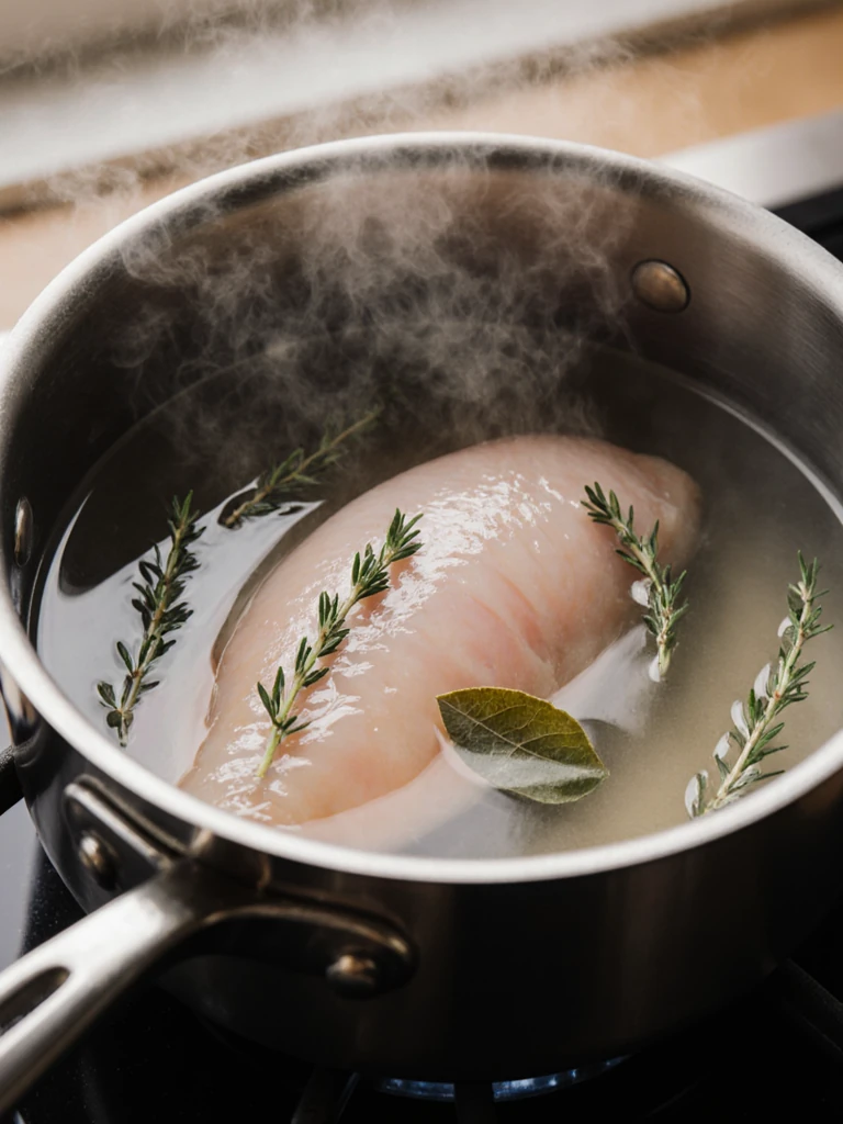 Chicken breast poaching in a pot of gently simmering water with herbs on a kitchen stovetop