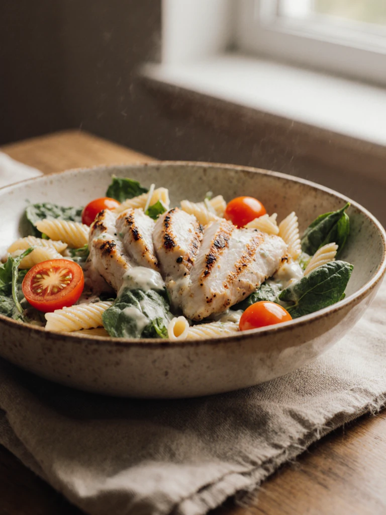 Chicken pasta salad with grilled chicken strips, spinach, cherry tomatoes, and creamy dressing over penne