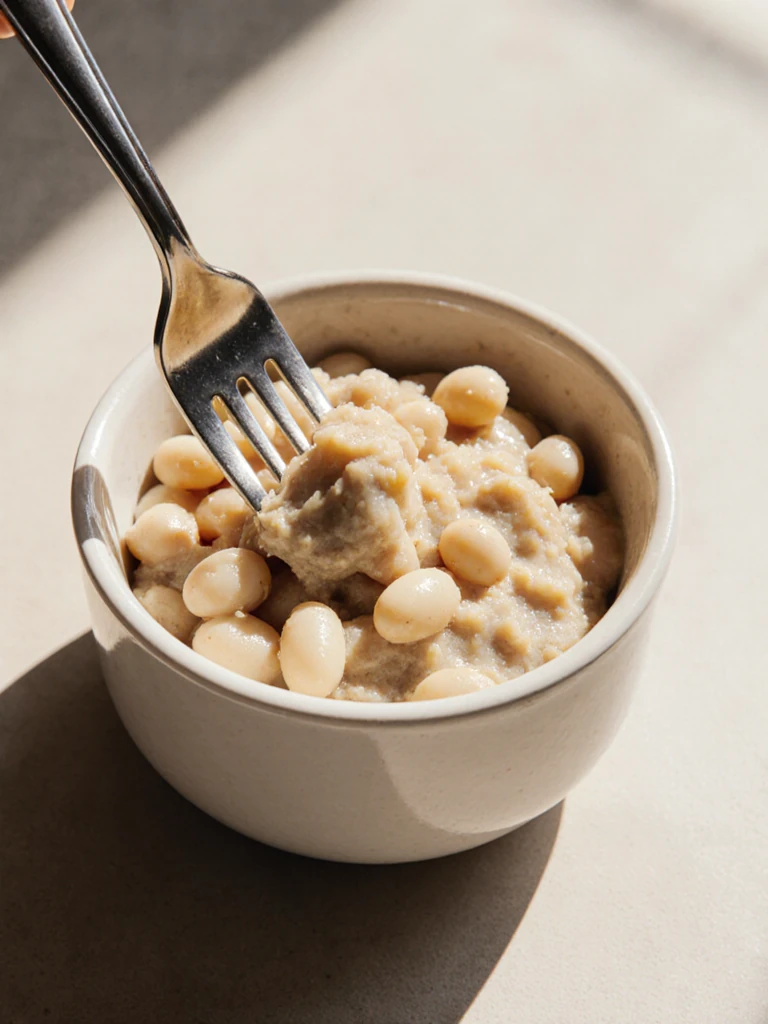 Fork partially mashing cannellini beans in a small bowl to create a natural thickener for minestrone soup
