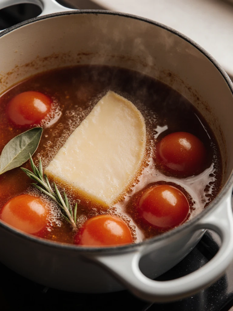 Parmesan rind submerged in simmering minestrone broth alongside whole tomatoes and bay leaves in a large pot