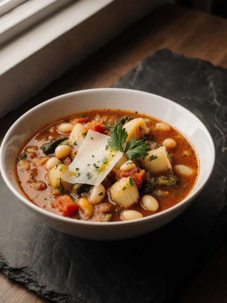 Close-up of chunky minestrone soup in a deep bowl topped with Parmesan shavings and fresh parsley on a slate surface