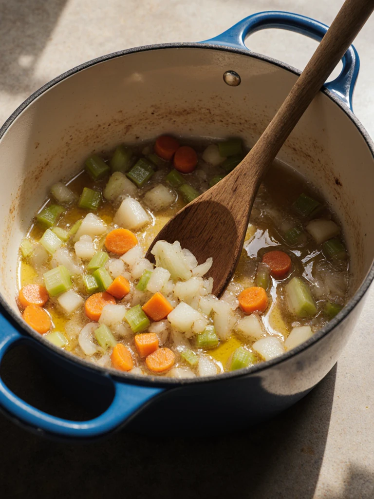 Diced onion, carrot, and celery soffritto sautéing in olive oil in a large Dutch oven, turning golden and softened