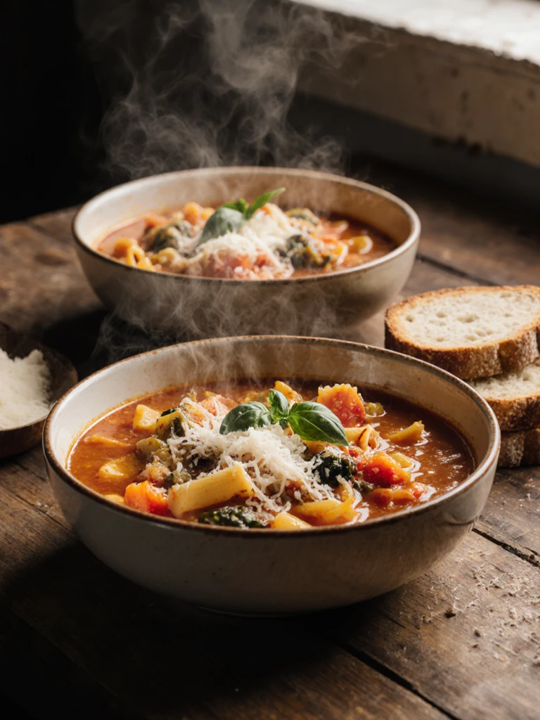 Two bowls of chunky minestrone soup on a wooden table, steam rising, crusty bread slices alongside, parmesan and fresh basil on top