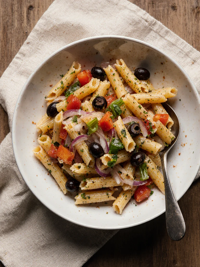 Classic Italian pasta salad with tri-color rotini, bell peppers, olives, and Italian dressing in a white ceramic bowl