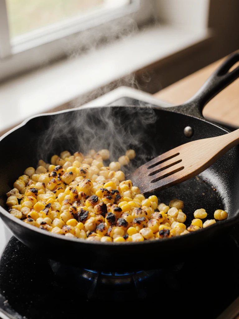 Fresh corn kernels being charred in a dry cast iron skillet, golden and lightly blackened edges developing, no oil
