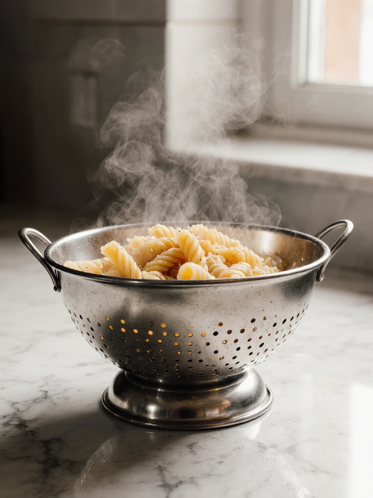 Fusilli pasta draining in a colander after cooking, steam rising, on a white kitchen countertop