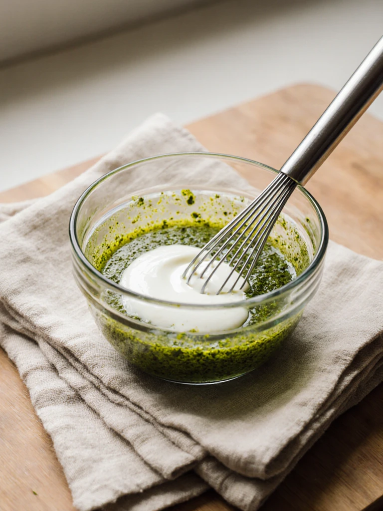 Pesto sauce being whisked with Greek yogurt in a small glass bowl, green and creamy, on a linen cloth