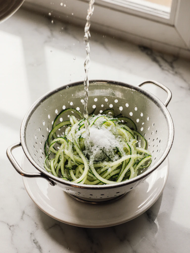 Spiralized cucumber noodles salted in a colander over a bowl, releasing excess water before being patted dry