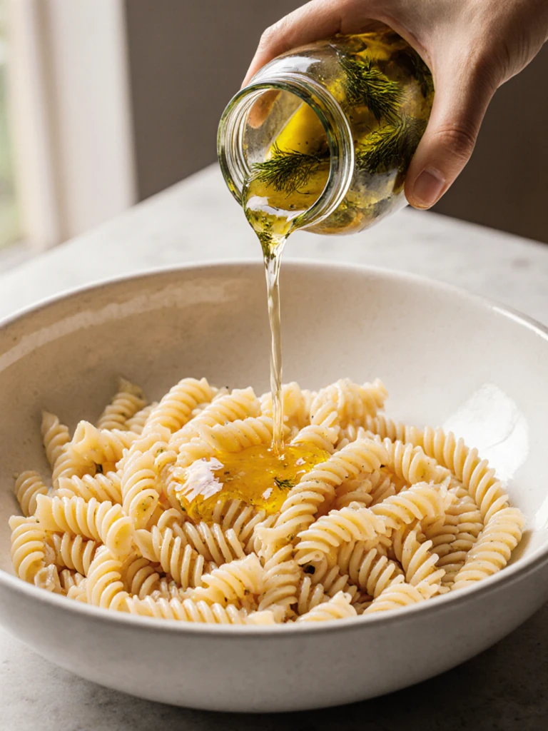 Warm rotini pasta being tossed with dill pickle brine in a large mixing bowl, brine glistening on the pasta surface