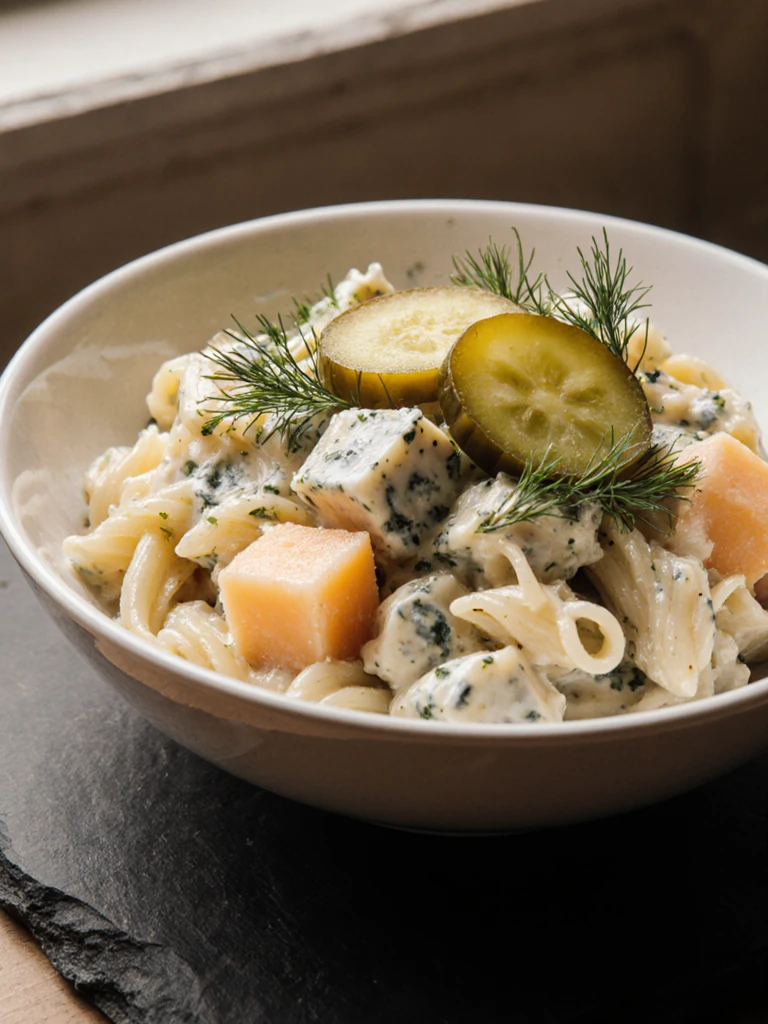 Close-up of dill pickle pasta salad in a shallow bowl topped with fresh dill fronds and pickle slices on a dark slate surface